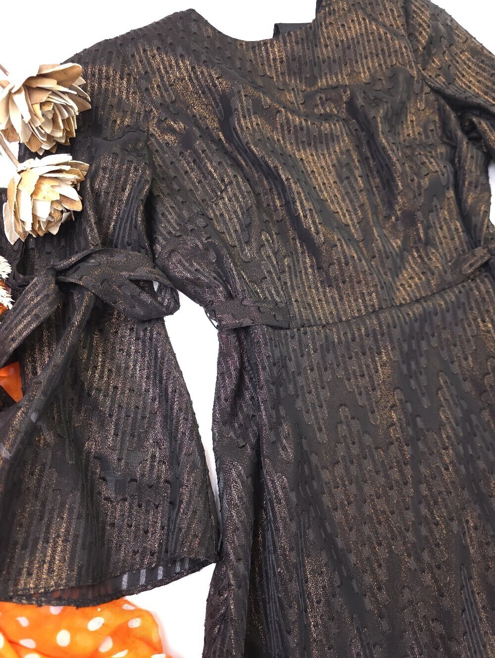 Like New Nine West Black Metallic Fit-and-Flare Dress with Tie Sleeves Sz 6 - Picture 2 of 13